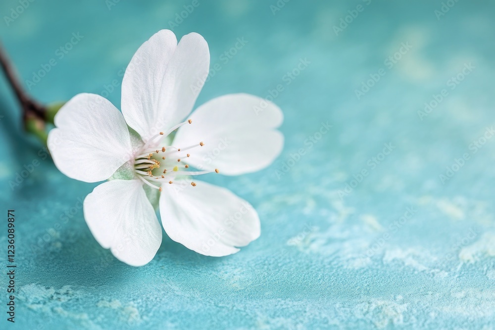 Poster a simple yet elegant scene featuring a single white flower placed on a blue surface