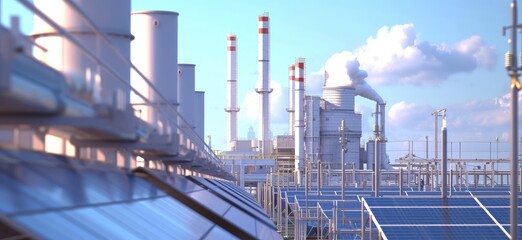 Fototapeta premium Solar Panels In Foreground With Industrial Factory Behind