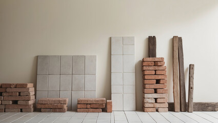 Arranged blocks of wood and tiles in a minimalist indoor space showcasing material design