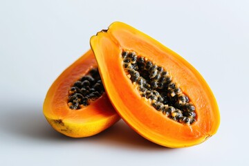 Fresh papaya cut in half, lying on a clean white surface