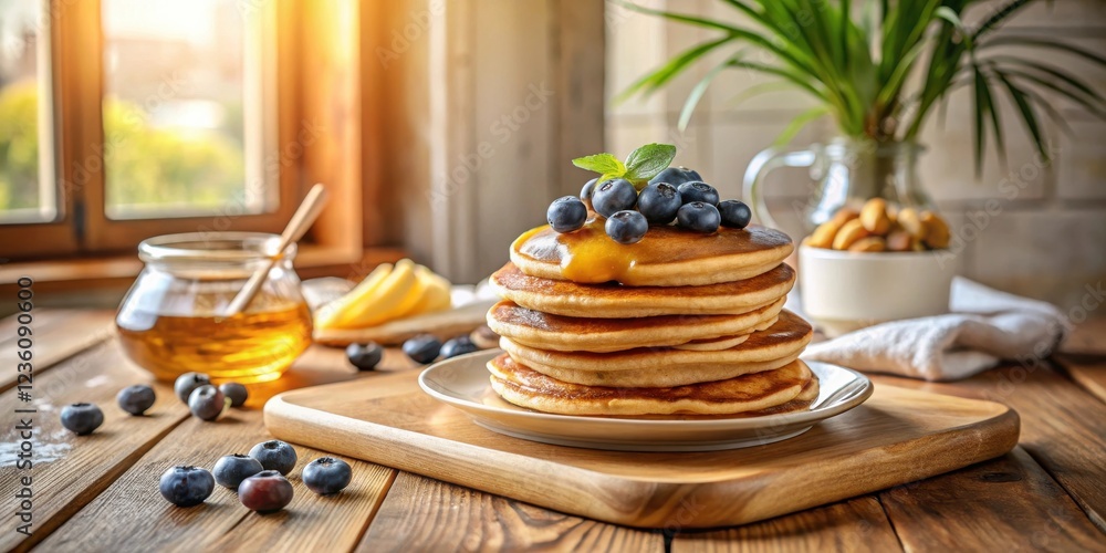 Poster A stack of golden brown pancakes topped with blueberries and a drizzle of honey, set on a wooden table with a jar of honey in the background.
