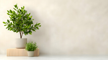 Fototapeta premium Green potted plants on a wooden pedestal against a minimalist beige wall with copy space.