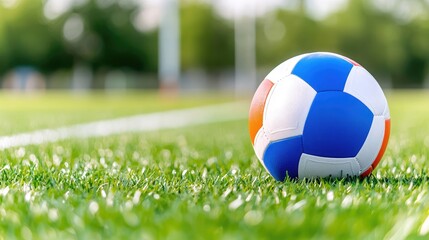 Soccer ball on green field, sunny day, blurred background, sports imagery