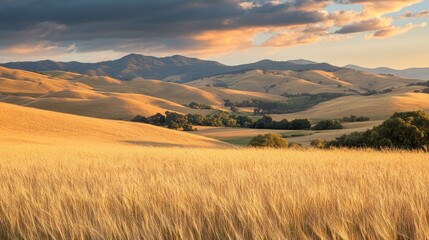 A serene landscape featuring golden fields and rolling hills under a dramatic sky.