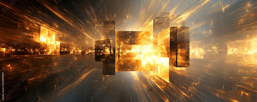Poster abstract light explosion with glowing cubes in a dynamic digital space