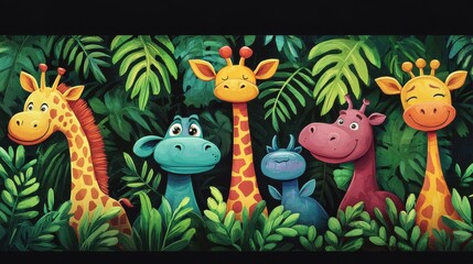 Fototapeta premium Colorful Cartoon Giraffes in a Lush Green Jungle Setting