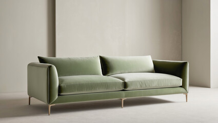 Elegant green sofa situated in a modern living room setting with neutral tones and minimalist decor