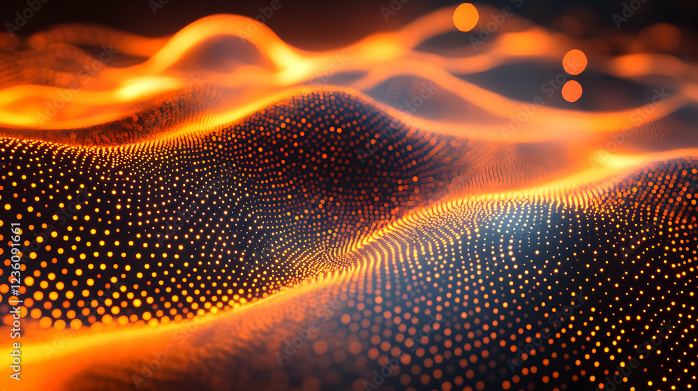 Poster abstract representation of flowing waves with glowing particles in a dark background