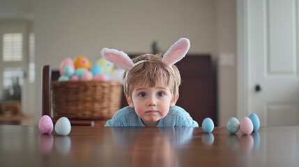 a little boy with light hair in hare ears with Easter eggs sit behind the table,  happy Easter.
