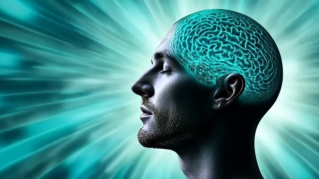 A Caucasian male meditates with a glowing brain illustration, symbolizing mindfulness and enlightenment concepts