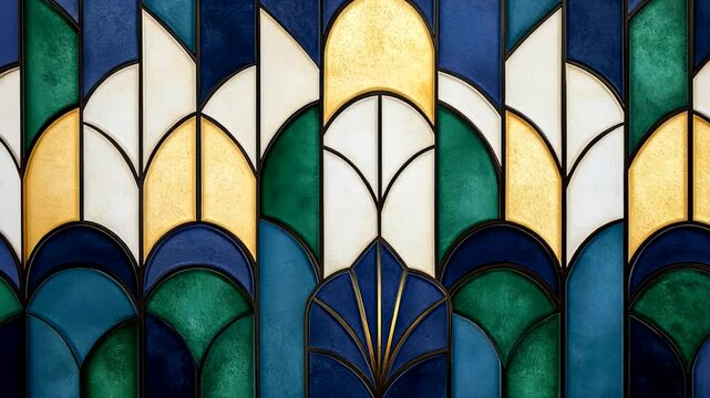 Colorful geometric stained glass window design with blue and gold tones, ideal for art deco themes and interior decor inspiration