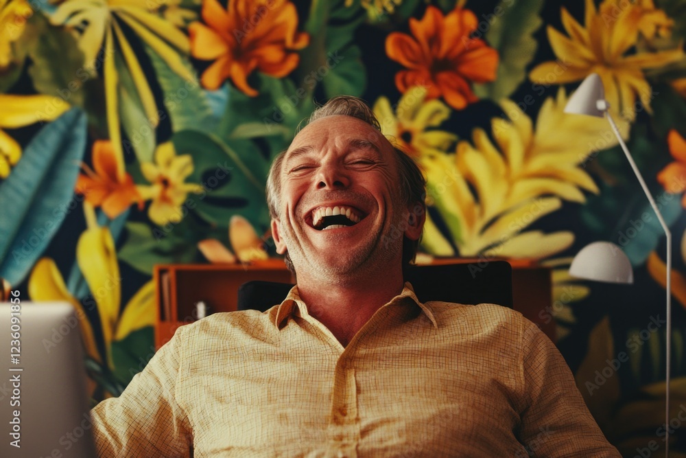 Poster a person smiling and laughing while using their laptop