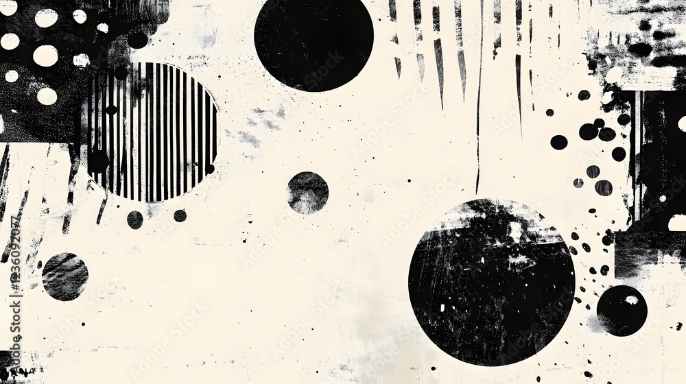 Poster a striking abstract monochrome composition featuring an intricate array of geometric shapes circular
