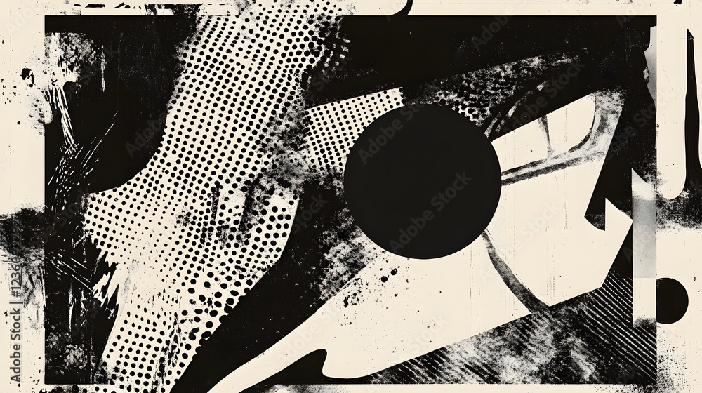 Poster a striking abstract monochrome composition featuring bold geometric shapes overlapping patterns and 