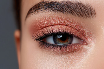 Obraz premium Close-up of female eye with shimmery eyeshadow and defined eyebrows