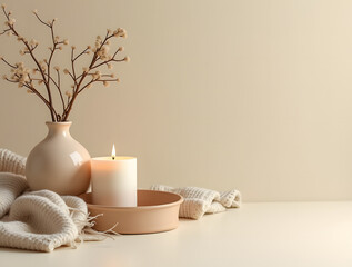 Cozy Ambience: Dried Twig Arrangement in a Pottery Vase with a Flickering Candle and Soft Cashmere Blanket on a Cream Background