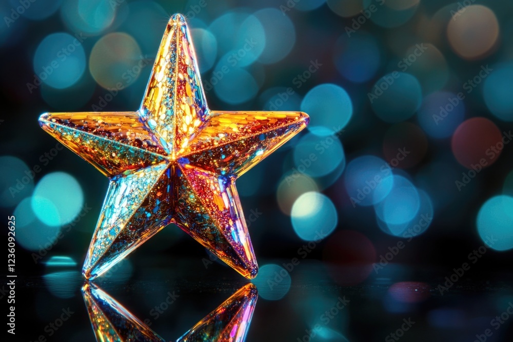 Poster A single shiny star on a surface with a reflective background