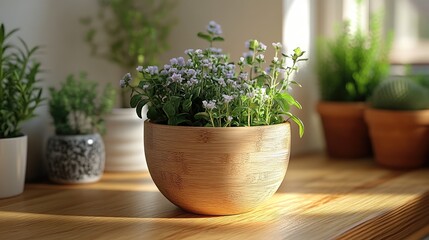 Potted plants on wooden shelf with sunlight streaming through a window creating soft shadows