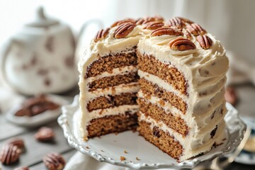 A slice of moist cake with pecans on a plate, perfect for a snack or dessert