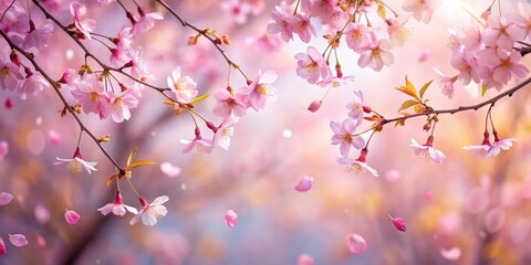 Softly falling delicate pink sakura petals gently cover a serene landscape of autumn foliage and branches , soft focus, gentle falling