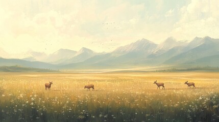 A serene landscape featuring mountains and grazing deer in a vibrant meadow.