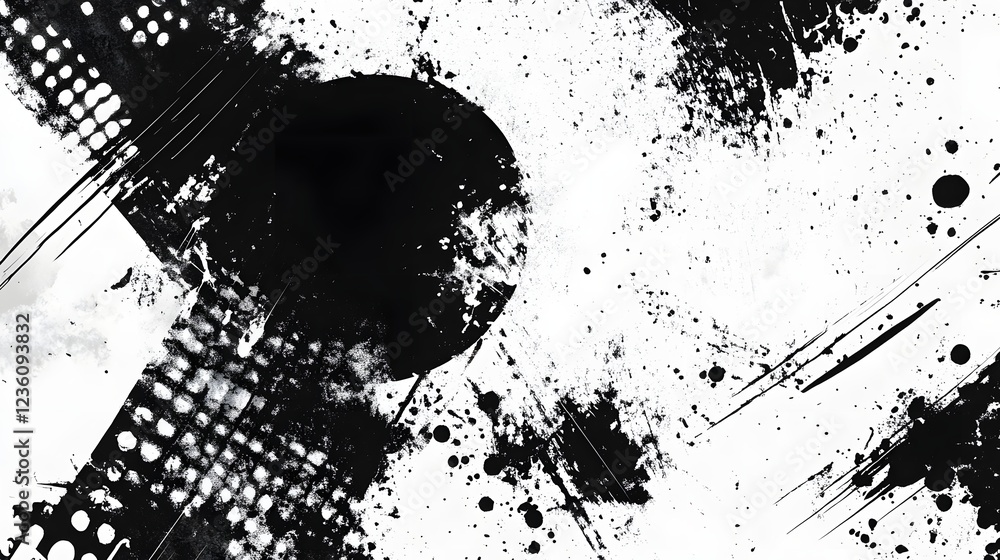 Poster A striking monochromatic abstract art composition featuring dramatic ink splatter blots and strokes  The dynamic textured design creates a powerful moody