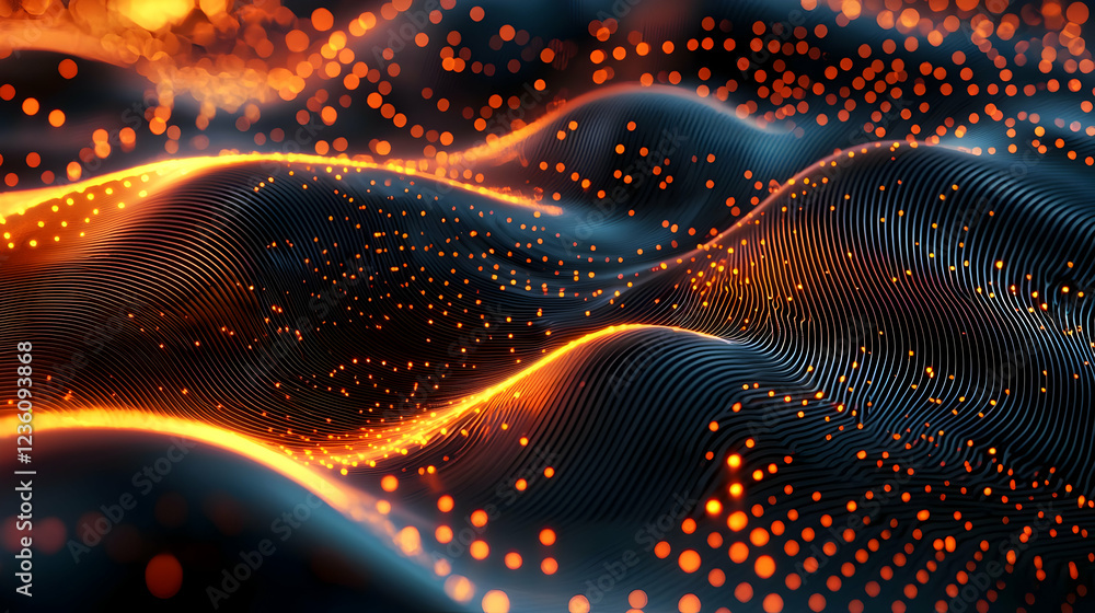 Poster abstract representation of flowing waves with glowing particles in a dark environment