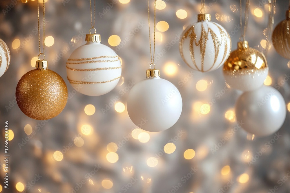 Aufkleber ornaments made of gold and white materials hanging from strings, perfect for decorating or using in 