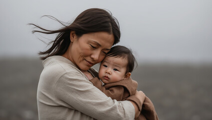 Fototapeta premium Loving mother embraces her baby on a chilly day by the beach