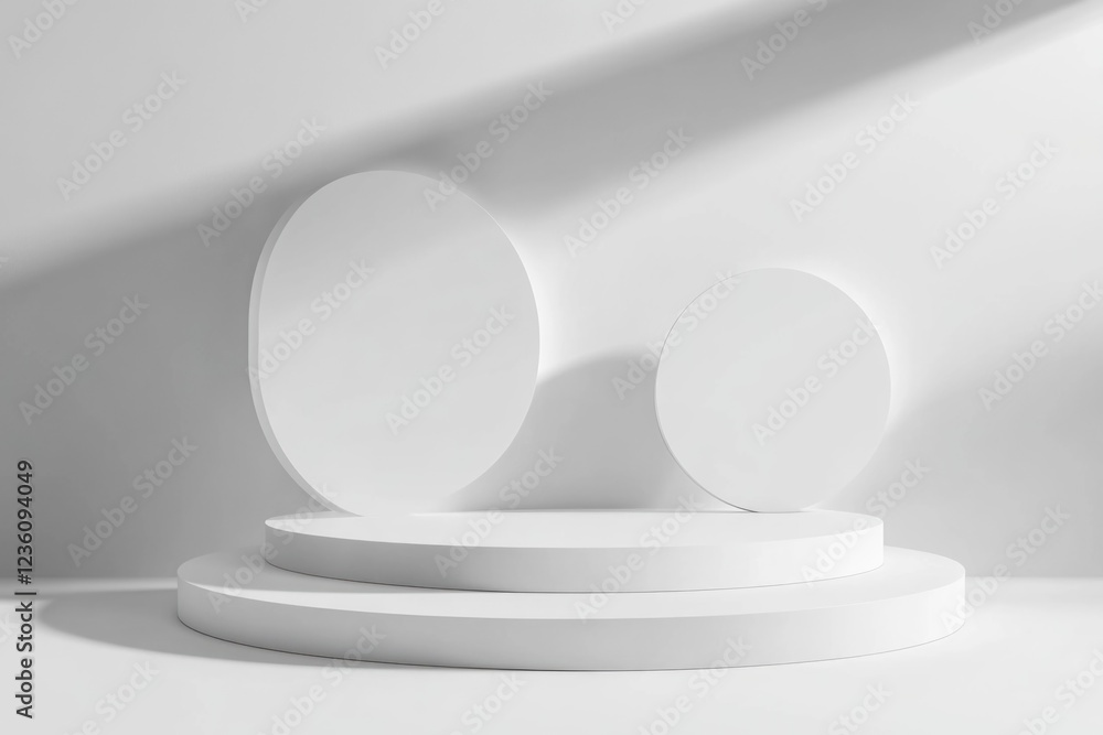 Poster a minimalist table setup featuring a white pedestal with two small white plates on top