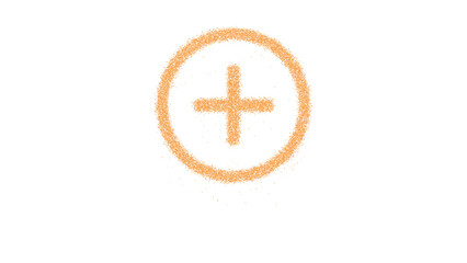 Icon plus circle is made of yellow grains of sand. Some grains of sand fall down. Transparent background. Black