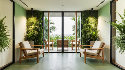 Modern indoor lounge area with greenery and ocean view in a coastal residence