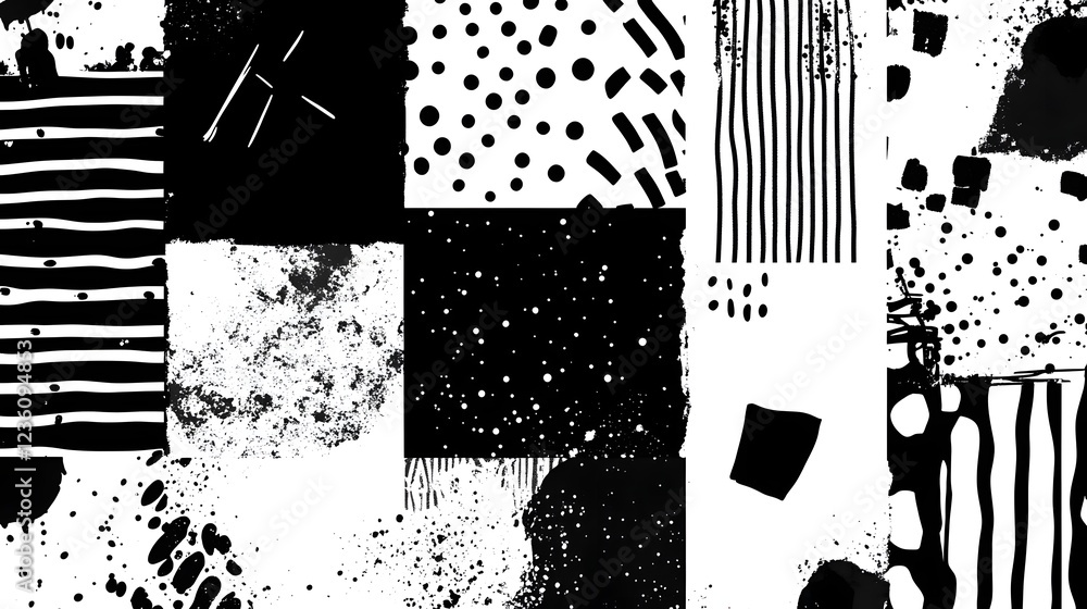 Poster A striking monochromatic abstract design featuring a dynamic composition of geometric patterns textural splashes and bold expressive brush strokes  This contemporary