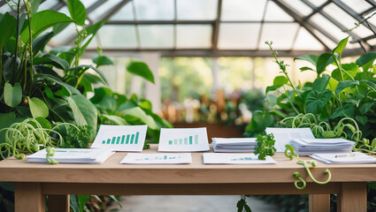 Research presentation conducted in a greenhouse with plant displays and data visuals