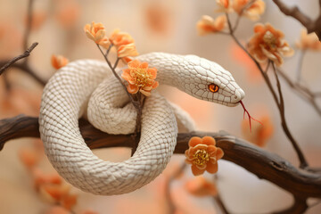 Fototapeta premium A lovely white snake with orange flowers, made of clay material