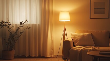 Warm interior scene showcasing a floor lamp and beige couch in a softly lit room