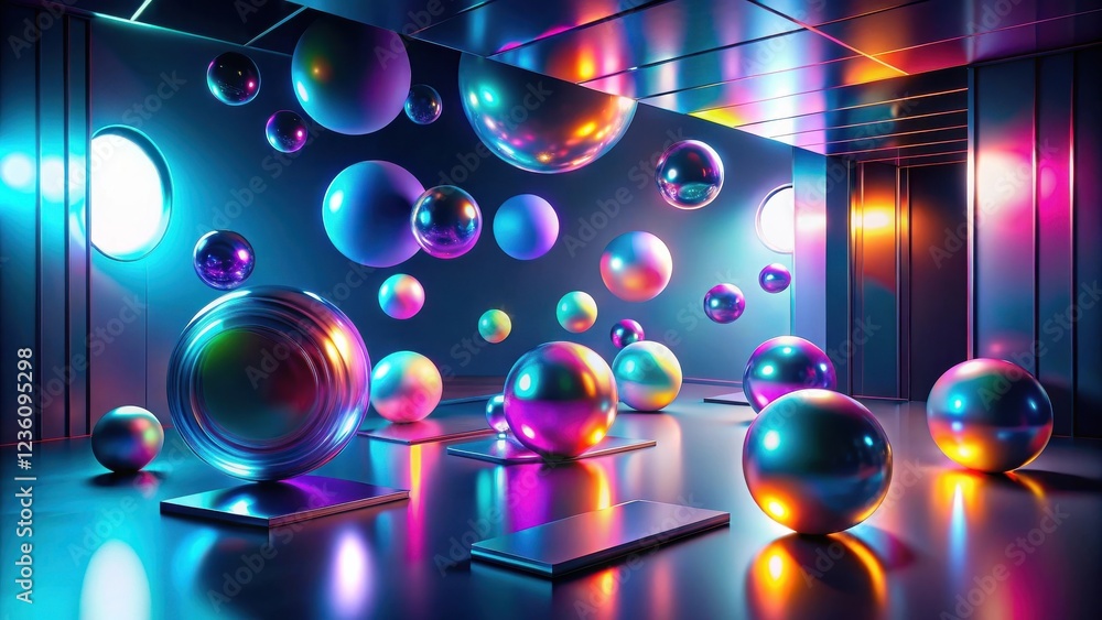 Poster A vibrant display of iridescent spheres floating in a futuristic, neon-lit space with reflective surfaces and abstract light patterns.