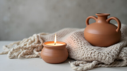 Fototapeta premium Cozy Aesthetic: Handmade Pottery, Flickering Candle, and Soft Cashmere Blanket on a Warm Grey Background – Relaxing Mood & Style