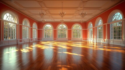 Fototapeta premium Sunlit Ballroom, Mansion Interior, Hardwood Floor, Event Space