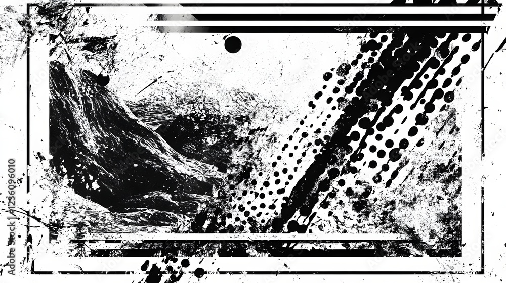Fototapete A striking moody abstract image with a dark grungy monochrome texture and distorted graphic patterns overlays and experimental digital elements  This captivating conceptual artwork has a dramatic