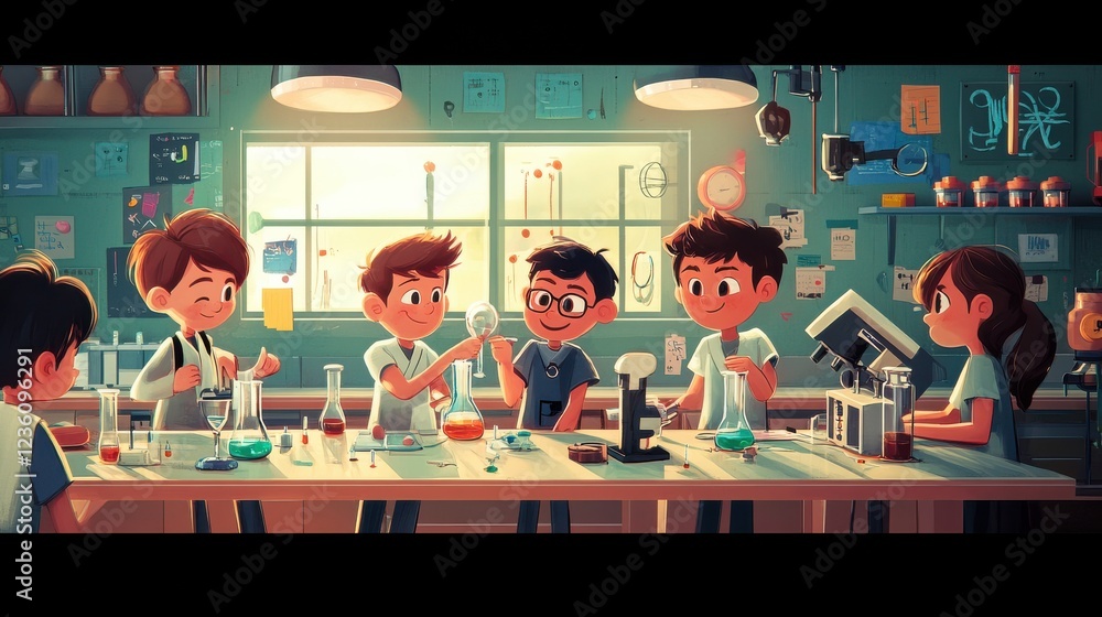 Poster engaging science experiment in classroom with enthusiastic students
