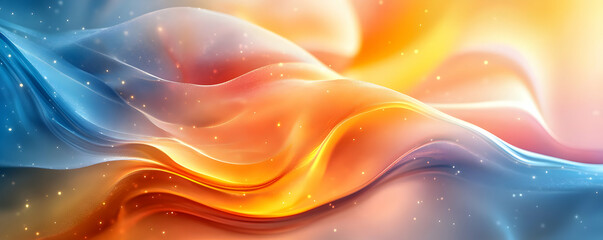 Abstract colorful waves of orange and blue with glowing particles in motion