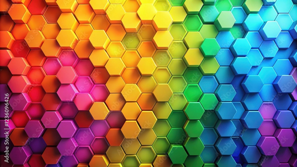 Poster A captivating abstract pattern with an array of vibrant hexagons, transitioning from vibrant purple to bright yellow, a visually stimulating display of color and geometric design.