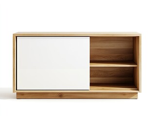Modern wooden cabinet with white sliding door and open shelf storage isolated