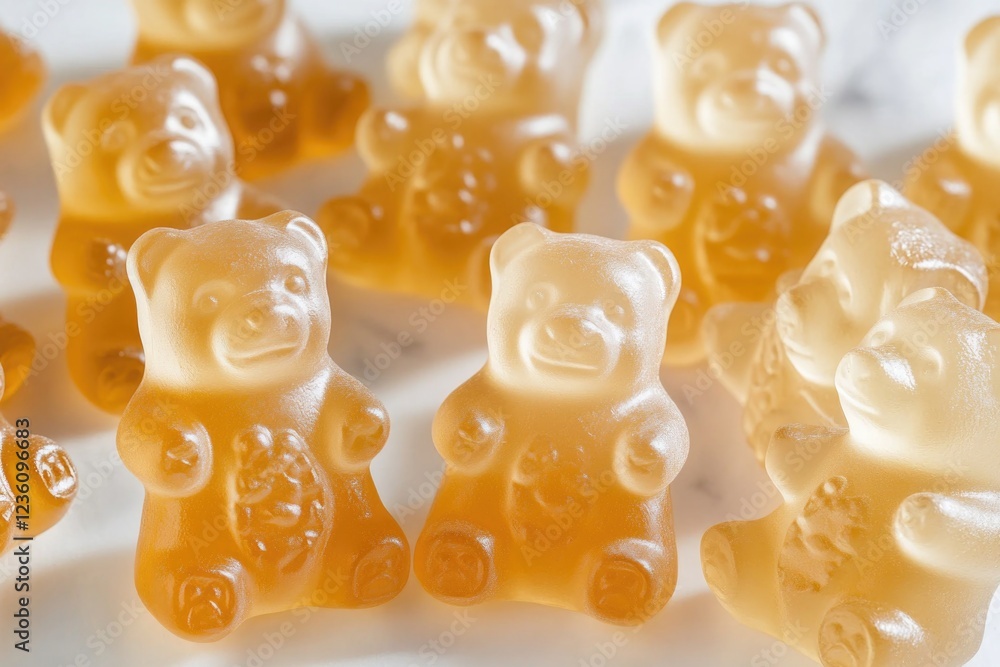 Poster a group of colorful gummy bears perched on a table, ready for snacking