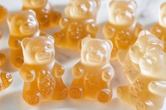 A group of colorful gummy bears perched on a table, ready for snacking