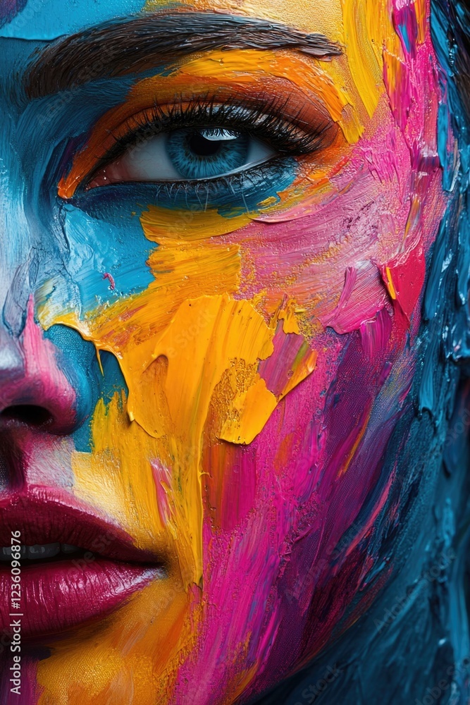 Poster close-up portrait of a woman with colorful painted design on her face, suitable for use in creative 