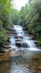 Obraz premium Waterfall cascading down rocks with trees in background; scenic travel backdrop.