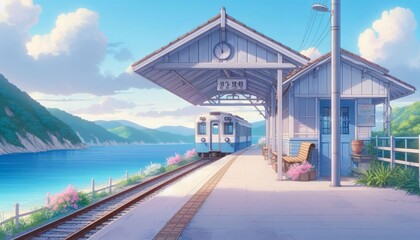 Obraz premium Scenic Train Station by the Sea – Peaceful Coastal Railway with Blue Sky
