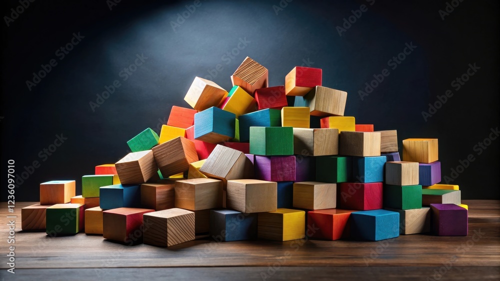 Poster A Colorful Pile of Wooden Blocks Arranged in a Random Order on a Wooden Surface
